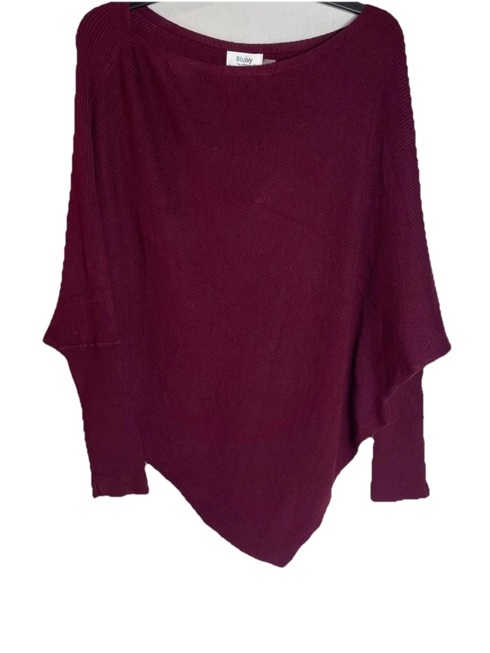 Bluivy Off-the-Shoulder Ribbed Poncho Sweater in Burgundy